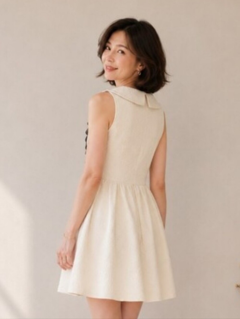 Kensie | Cream Fit & Flare Dress Black Frill Peter Pan Collar Sleeveless Mini - Picture 9 of 11